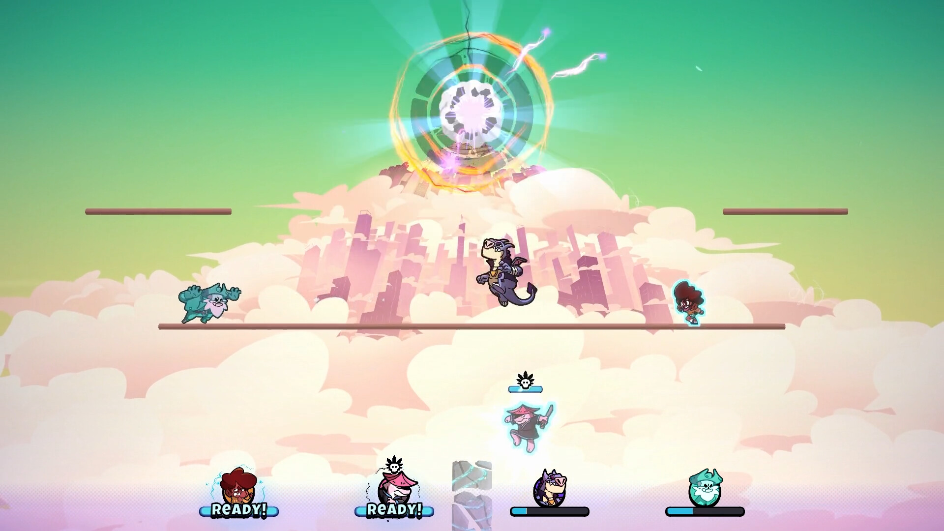 Characters battling in a bright green arena