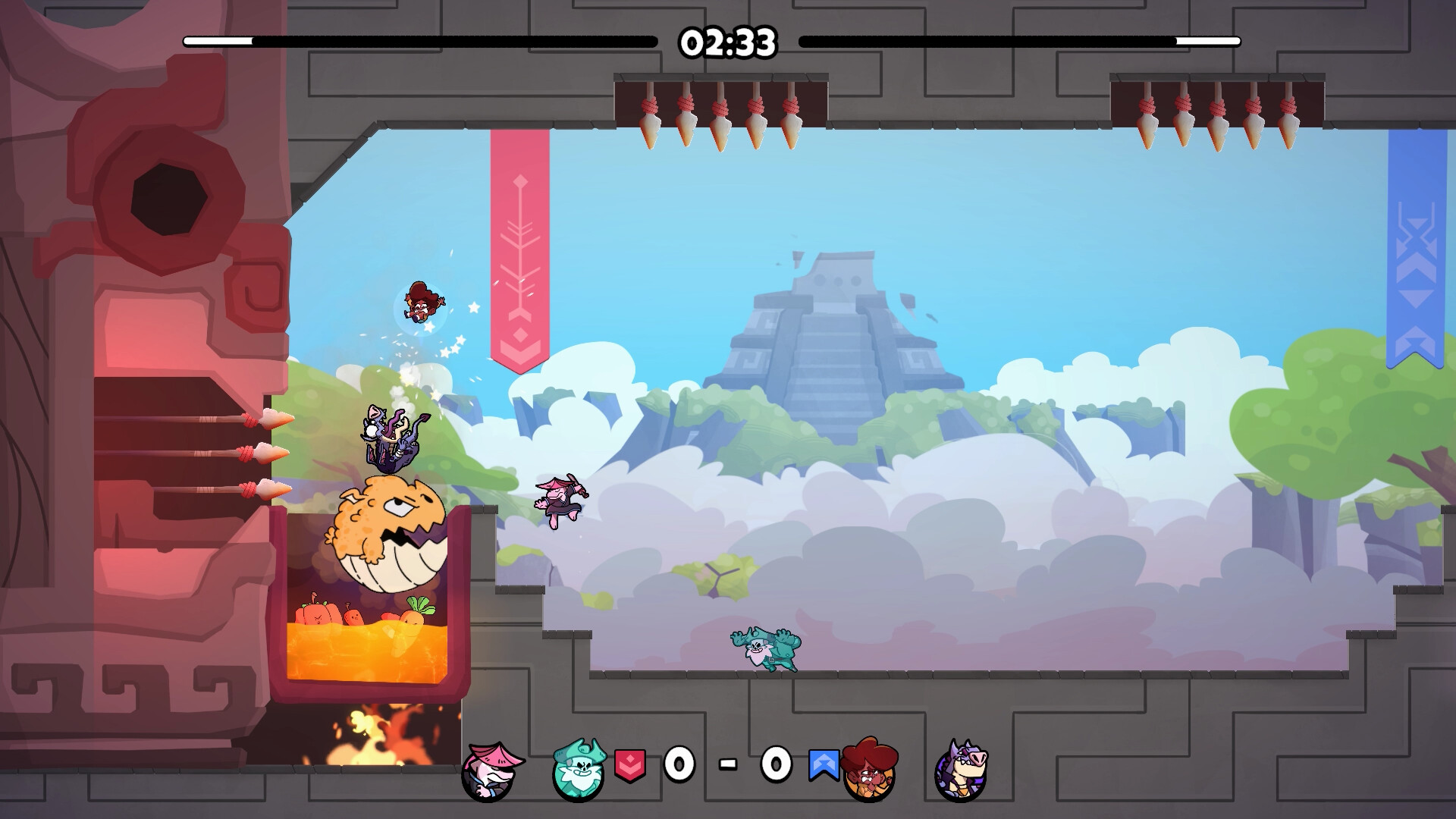 Characters navigating a colorful arena with spikes